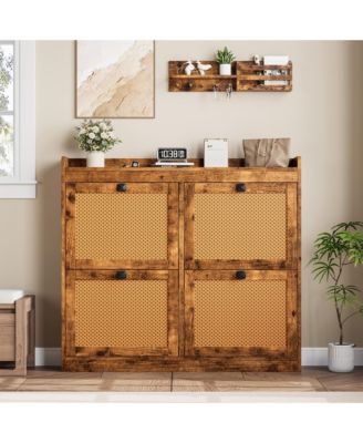 Rattan Wooden Shoe Cabinet with 4 Flip Drawers and Adjustable Shelves