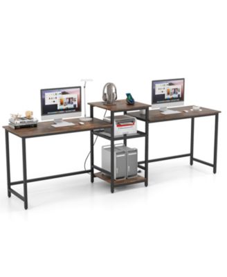 Two Person Computer Desk with Power Outlet and Printer Stand