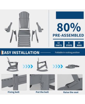 Folding Adirondack Rocking Chair with Retractable Ottoman and Cup Holders, HDPE All-Weather Outdoor Chair for Porch