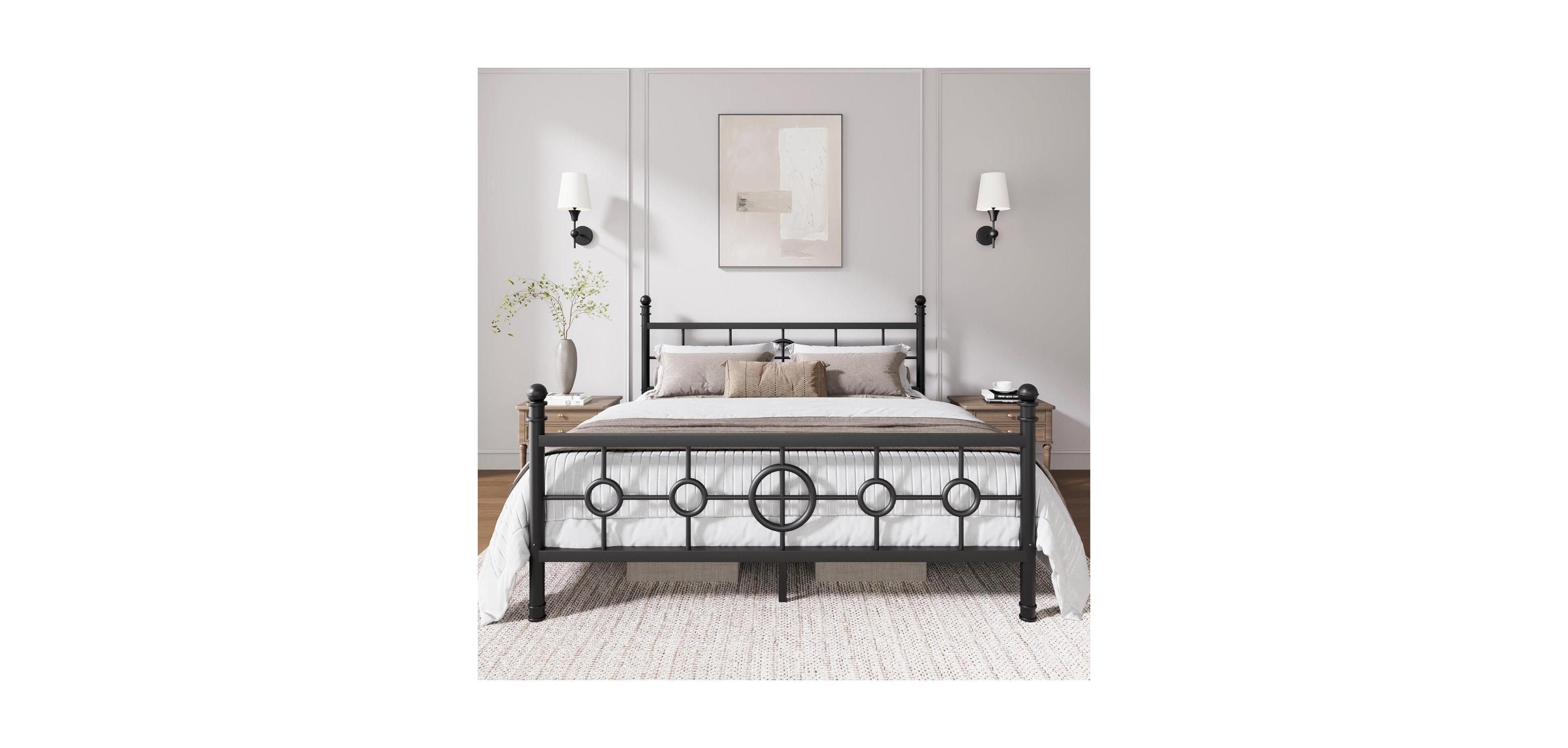 gaomon Metal Bed Frame with Vintage Circular Headboard and Footboard, Heavy-Duty Iron Platform Bed, No Box Spring Needed, Noise-Free Design