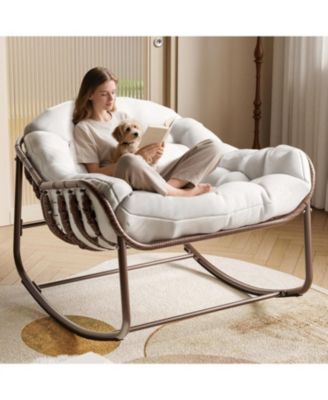 Outdoor Papasan Rocking Chair, Oversized Wicker Lounge Chair with Cushion and Metal Frame, Patio Rattan Egg Rocker for Balcony Backyard