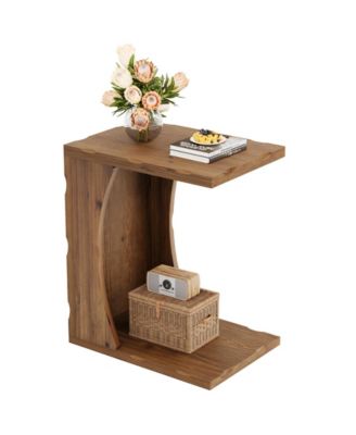 C-Shaped End Table for Living Room Set of 2, Solid Wood Narrow Skinny Side Table, Farmhouse Bedside Nightstand