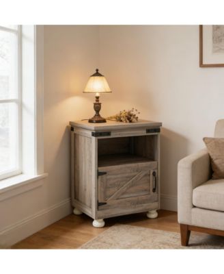 Small Bedside Cabinet, Farmhouse Storage Nightstand with Open Shelf and Cupboard for Living Room, Bedroom,