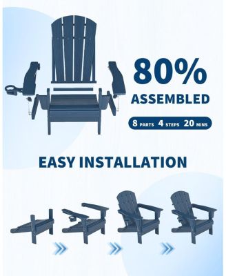 Folding Adirondack Chair Set of 2 with Ottoman, All-Weather Outdoor Chair, Wooden Textured with Cup Holder for patios, Decks, Gardens.