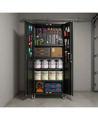 Metal Garage Storage Cabinet with Doors and Wheels, 72" High Lockable Storage with 4 Adjustable Shelves and Pegboard, for Garage Workshop