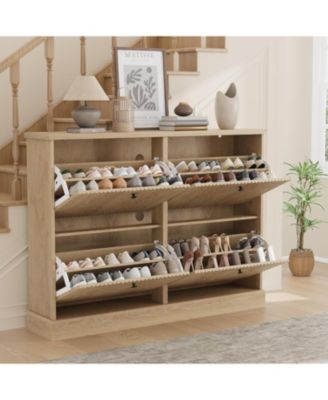 Fluted Shoe Cabinet with 4 Flip Drawers and Adjustable Removable Shelves, Freestanding Slim Shoe Organizer