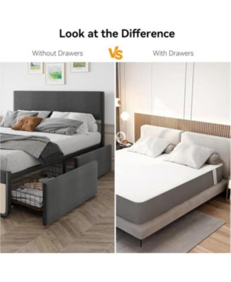Platform Bed Frame Upholstered Headboard with 2 Large Drawers Metal Slats No Noise No Box Spring Easy Assembly
