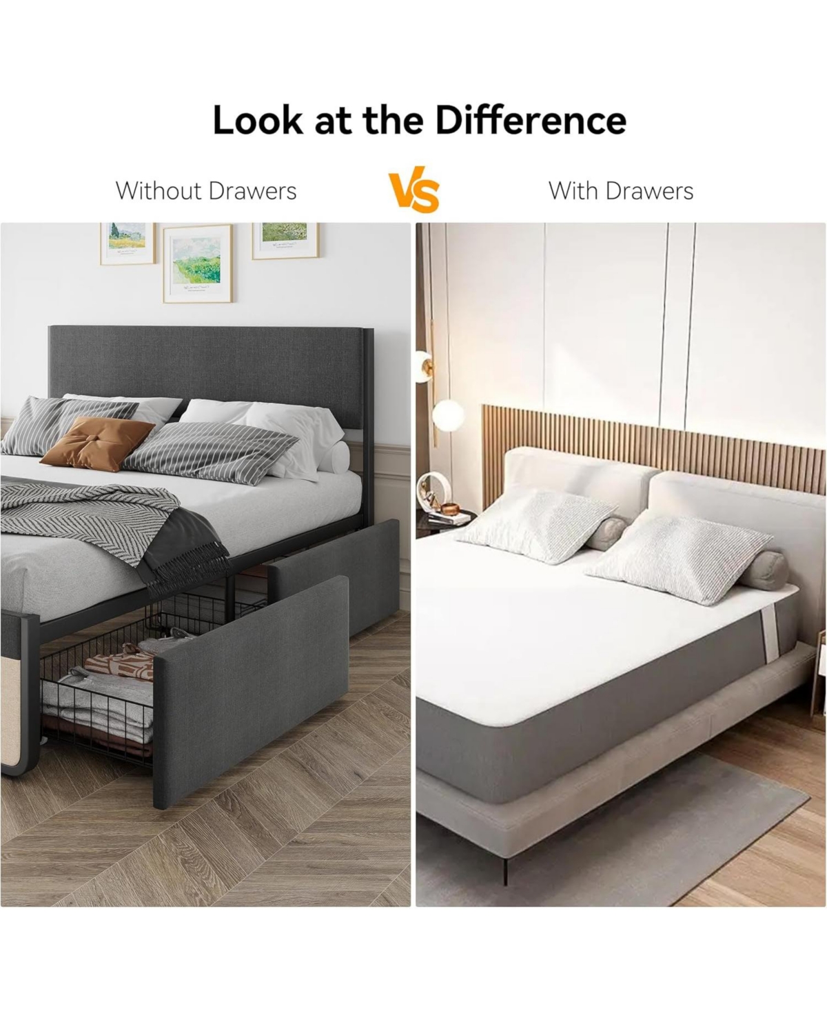 gaomon Platform Bed Frame Upholstered Headboard with 2 Large Drawers Metal Slats No Noise No Box Spring Easy Assembly