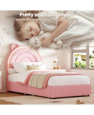 Velvet Bed Frame with LED Light Storage Drawer Upholstered Platform Bear Headboard Wood Slats No Box Spring Pink