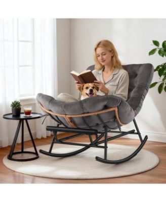 2-Pack Papasan Rocking Chair with Footrest, Oversized Rattan Chair with Removable Cushion and Metal Frame, For Patio and Indoor