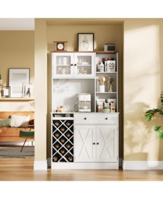 Coffee Bar Cabinet with Power Outlet & Exquisite Barn Doors, Sideboard Buffet Cabinet with Wine Bottle Rack, Storage Cabinet for Kitchen