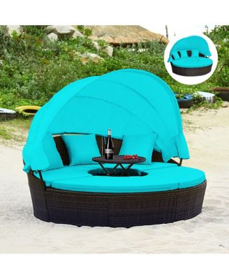 Cushioned Patio Rattan Round Daybed w/ Adjustable Table 3 Pillows