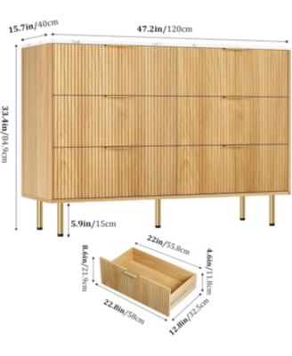 6 Drawer Fluted Dresser 47 Inch Wide Modern Wooden Double Chest for Hallway