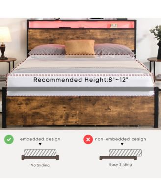 LED Light Bed Frame with Storage Headboard Charging Station and Two Under Bed Drawers Metal Slat Support