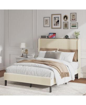 Metal Platform Bed Beige Charging Station 2 USB Ports Noise Free No Box Spring Needed