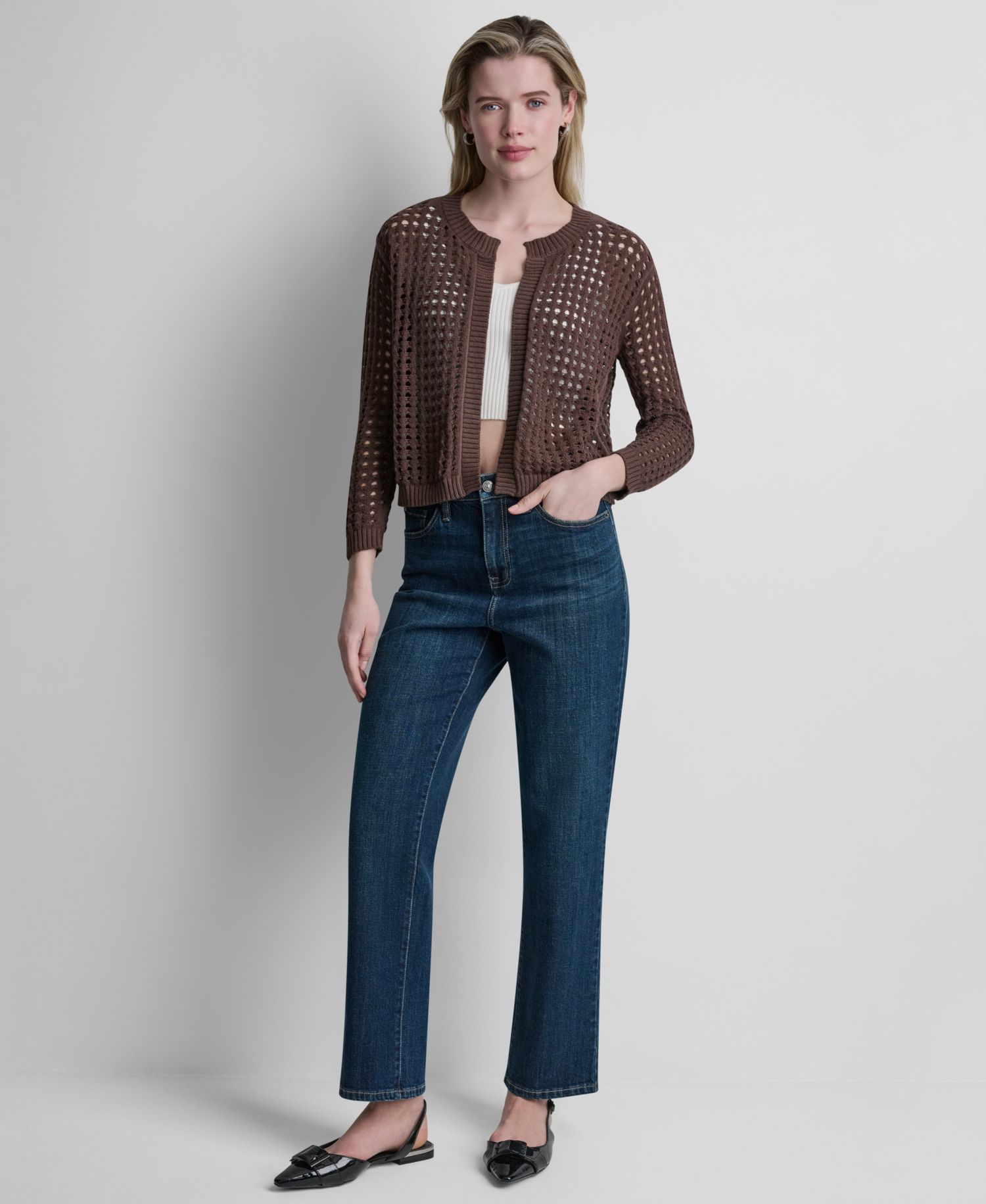 Women's Open-Stitch Drop-Shoulder Cardigan Sweater