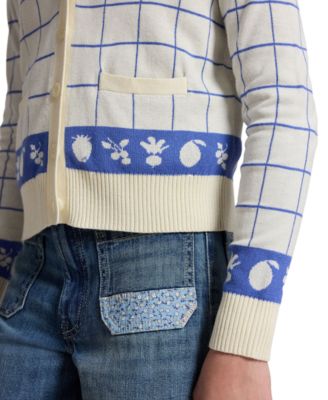 Girls' 7-16 Windowpane V-Neck Cardigan