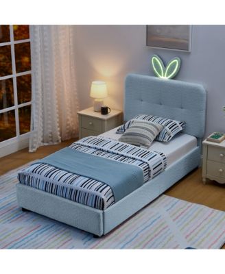 Boucle Twin Size Kids Bed Frame, Upholstered Platform Bed with 4 Storage Drawers, LED Lights and Cute Rabbit Ear Headboard for Boys Girls