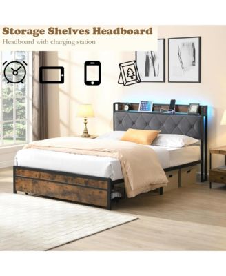 King Size Metal Bed Frame with Storage Drawers, Charging Station, LED Lights and Upholstered Headboard, Sturdy Platform Bed for Bedroom