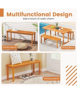 Set of 2 Acacia wood outdoor bench with slatted seat for garden