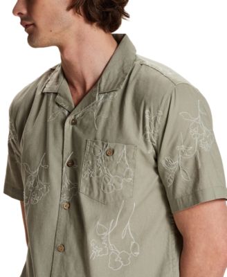 Men's Short-Sleeve Linen-Cotton Embroidered Floral Shirt