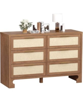 6 Drawer Burlap Dresser Mid Century Modern Wooden Storage Chest Wide Boho Dresser for Bedroom Living Room