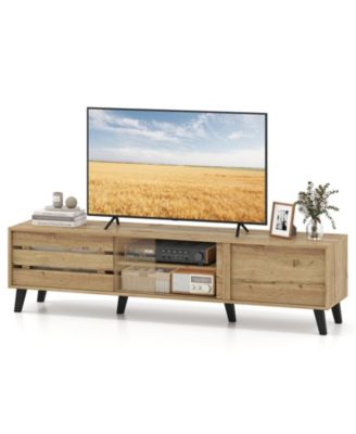 Mid Century Modern TV Stand for 80 in TVs with Sliding Doors