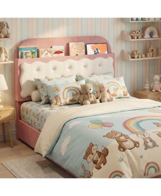 Twin Bed Frames, Velvet Upholstered Platform Bed with Biscuit Tufted Storage Headboard, Drawer, Sturdy Wood Slats, No Box Spring Needed, Easy