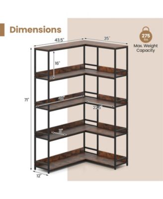 5-Tier L-Shaped Corner Bookshelf with Metal Frame