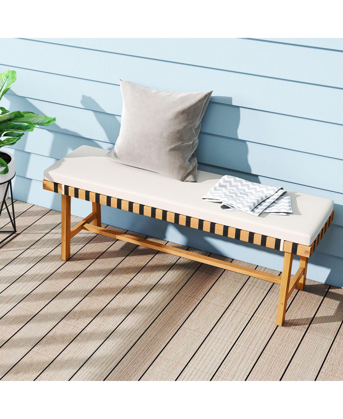 Sugift 48 in Acacia Wood Outdoor Bench with Padded Seat Cushion