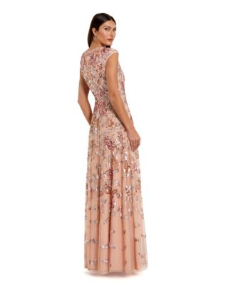 Women's Sequin Mesh High Neck Cap Sleeve A Line Gown