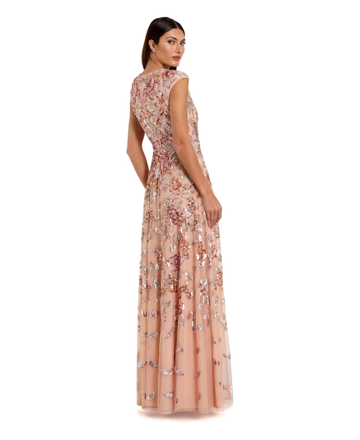 Women's Sequin Mesh High Neck Cap Sleeve A Line Gown