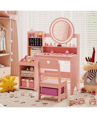 Kids Vanity Desk with Mirror and Lights Princess Pretend Play Dressing Table and Chair Set