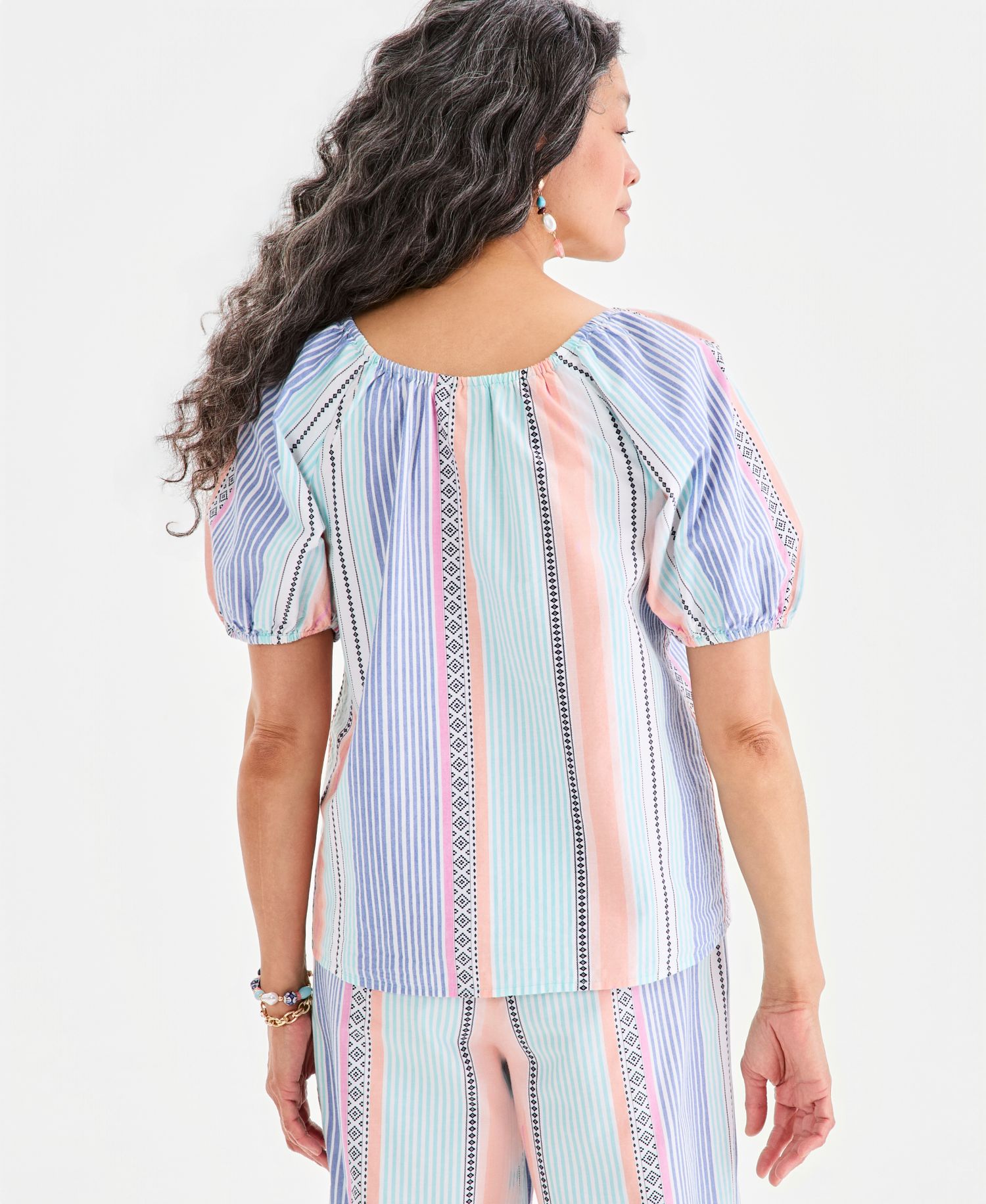 Women's Cotton Button-Front Puff-Sleeve Top