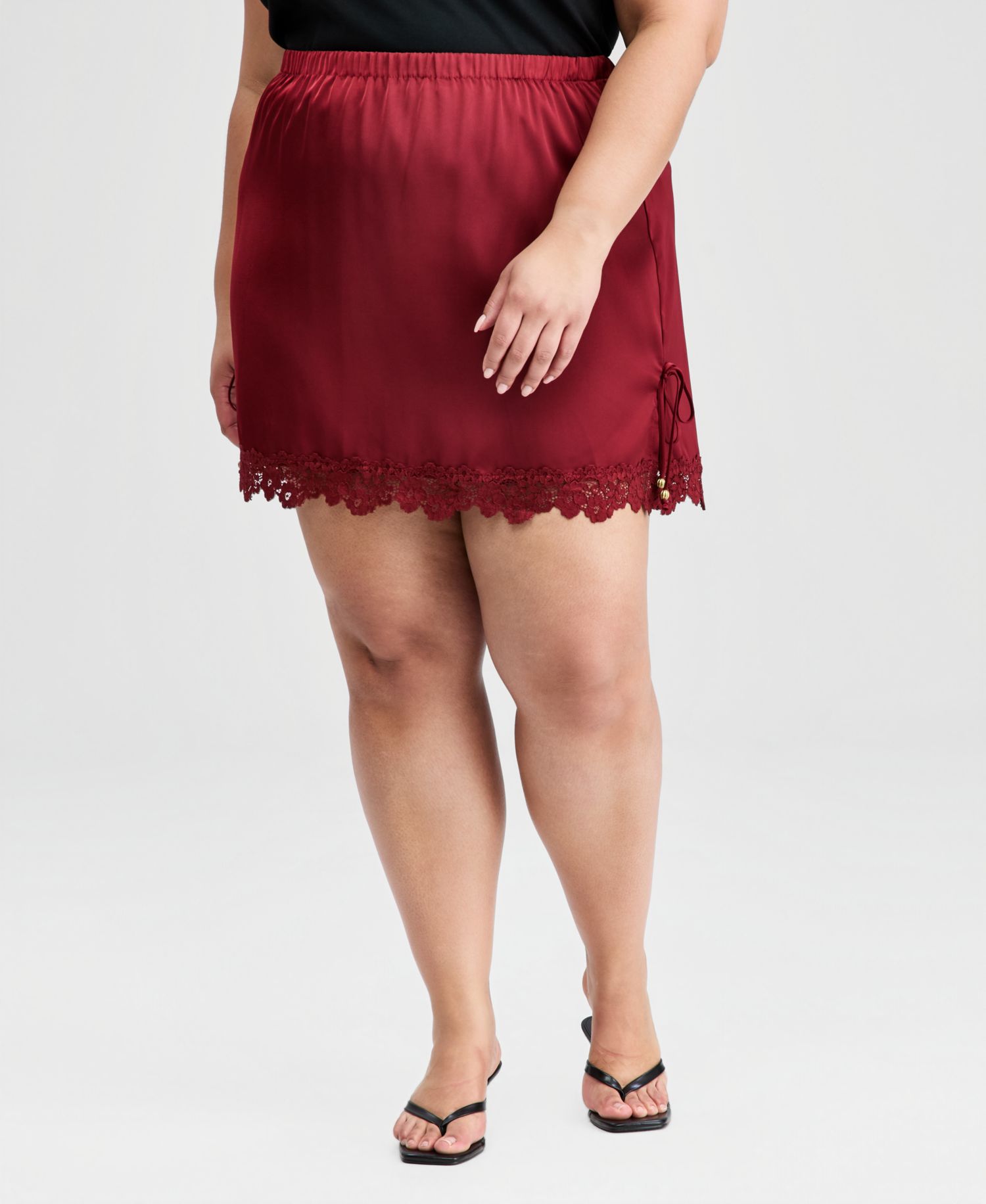 Trendy Plus Size Satin Lace-Trim Mini Skirt