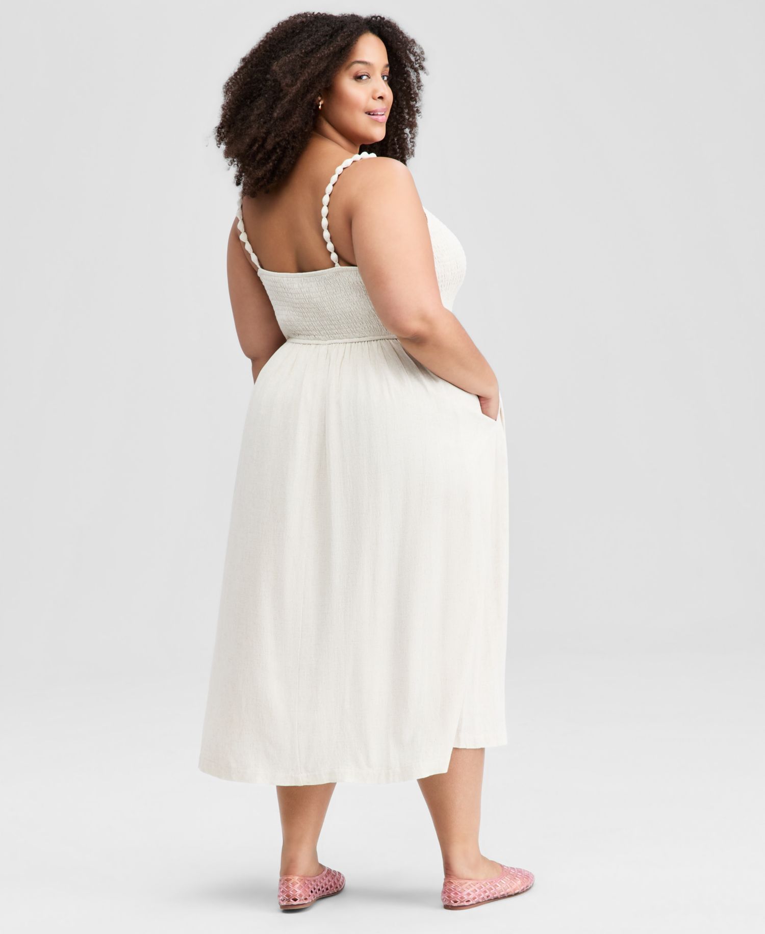 Petite Linen-Blend Beaded Strap Smocked Midi Dress