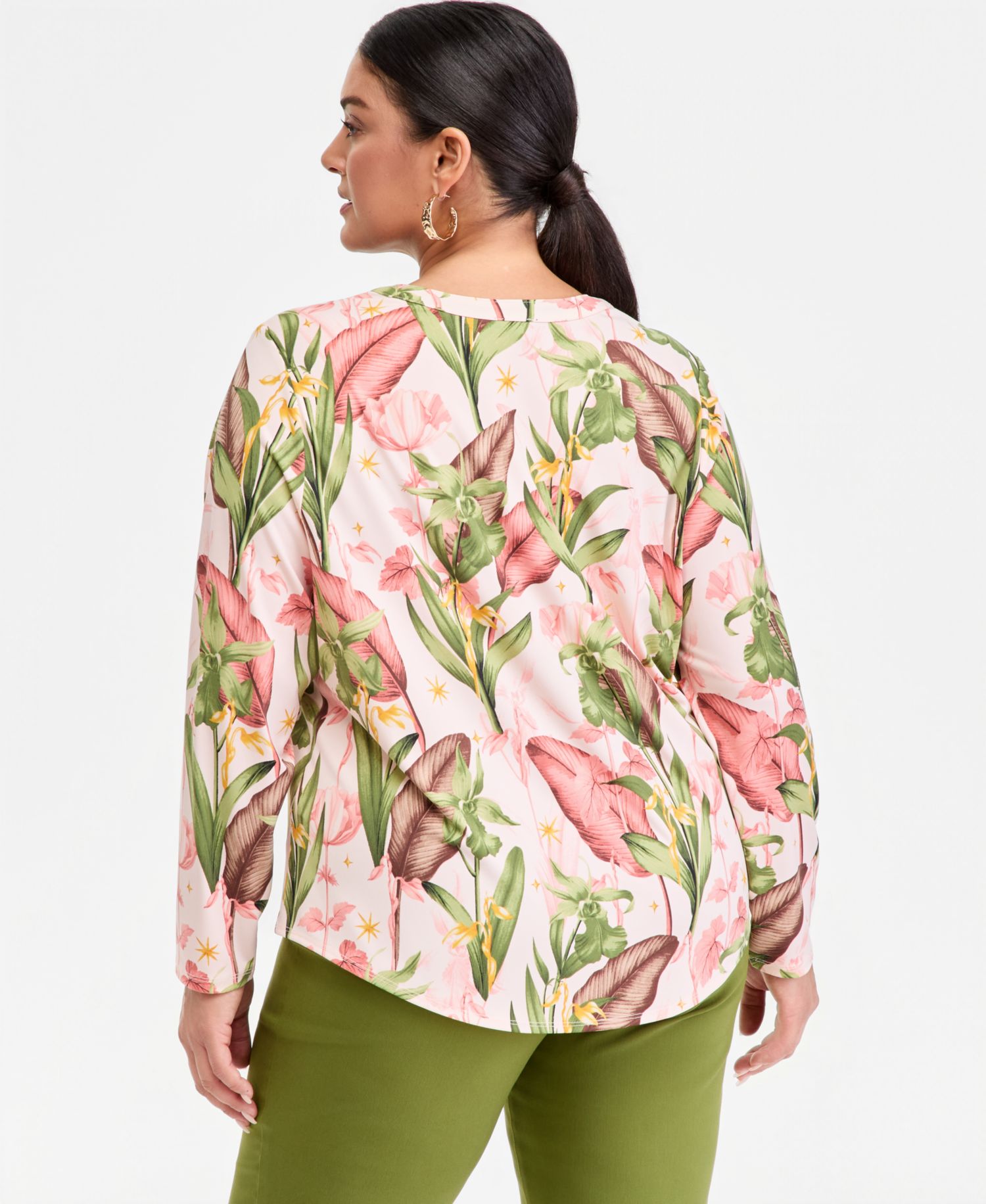 Plus Size Printed Split-Neck Long-Sleeve Top