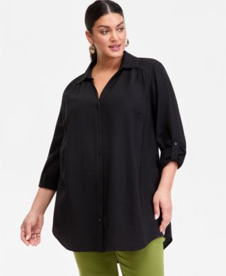 Plus Size Roll-Tab-Sleeve Button-Front Tunic