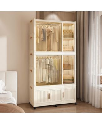 Portable Wardrobe Closet with 9 Magnetic Doors, 2 Hanging Rods & 6 Hangers