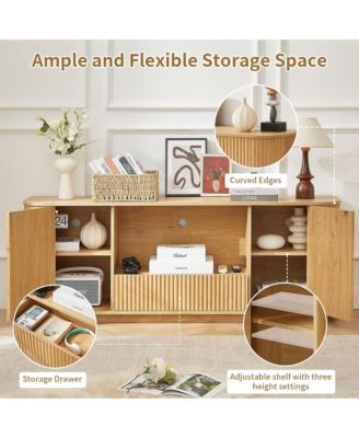 64" Mid Century Modern Fluted TV Stand, Entertainment Center with 2 Doors, 1 Drawer and Open Shelf for Living Room