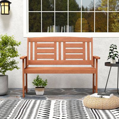 Outdoor Solid Wood Loveseat with Inclined Backrest & Slatted Seat Teak Painting