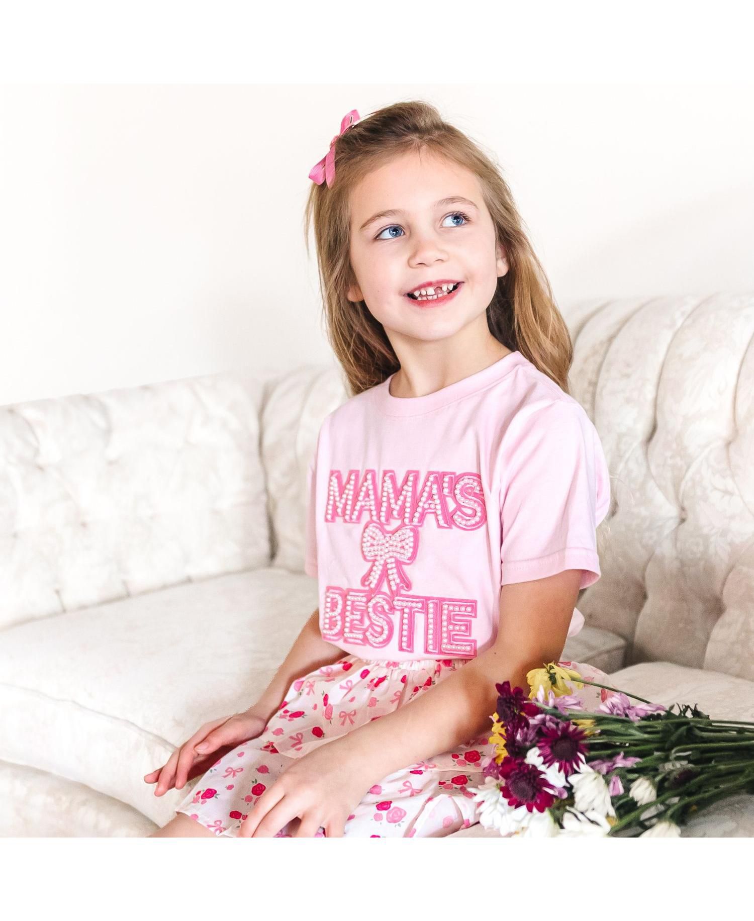 Big Girls Mama's Bestie Pearl Patch Short Sleeve T-Shirt