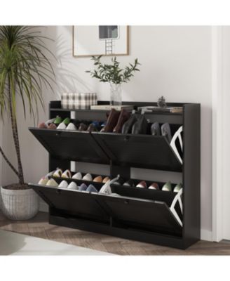 Large Shoe Cabinet with 4 Flip Drawers, Narrow Freestanding Shoe Organizer with Wooden Legs