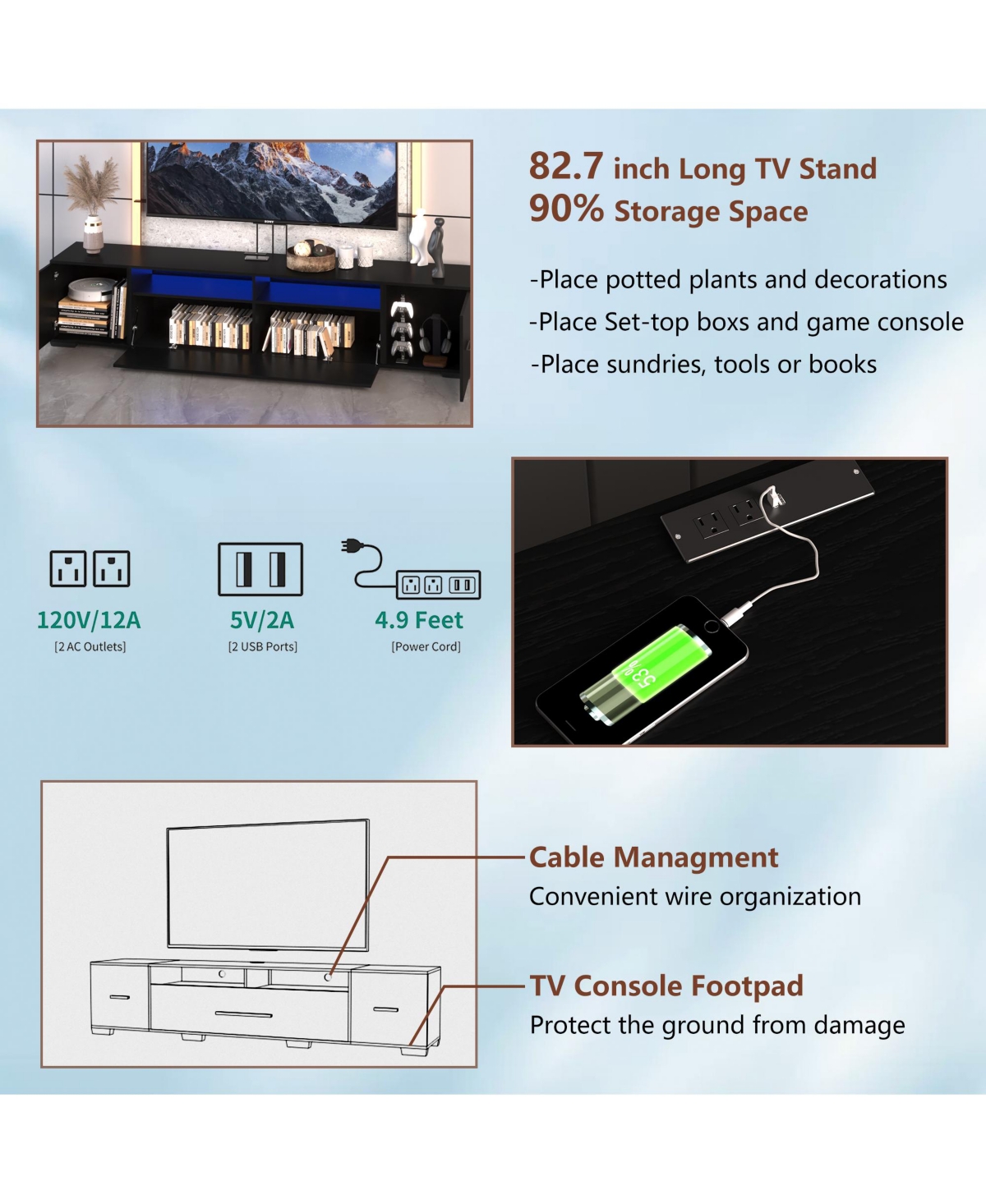 Boyel Living Modern Led Tv Stand with Remote and App Control, Rgb Lights and 31 Modes, Storage Cabinets and Power Outlets, for 80 Inches Tv