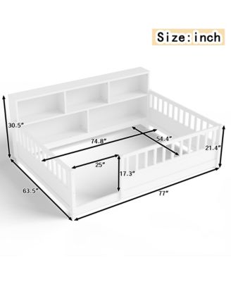 Full Size Montessori Floor Bed Frame, Low Profile Wooden Bed with Bookcase Storage and Safety Guardrails for Boys and Girls