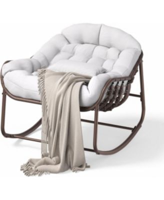 Outdoor Papasan Rocking Chair, Oversized Wicker Lounge Chair with Cushion and Metal Frame, Patio Rattan Egg Rocker for Balcony Backyard
