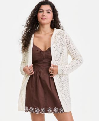 Hippie Rose Juniors' Open-Front Pointelle-Knit Hooded Cardigan