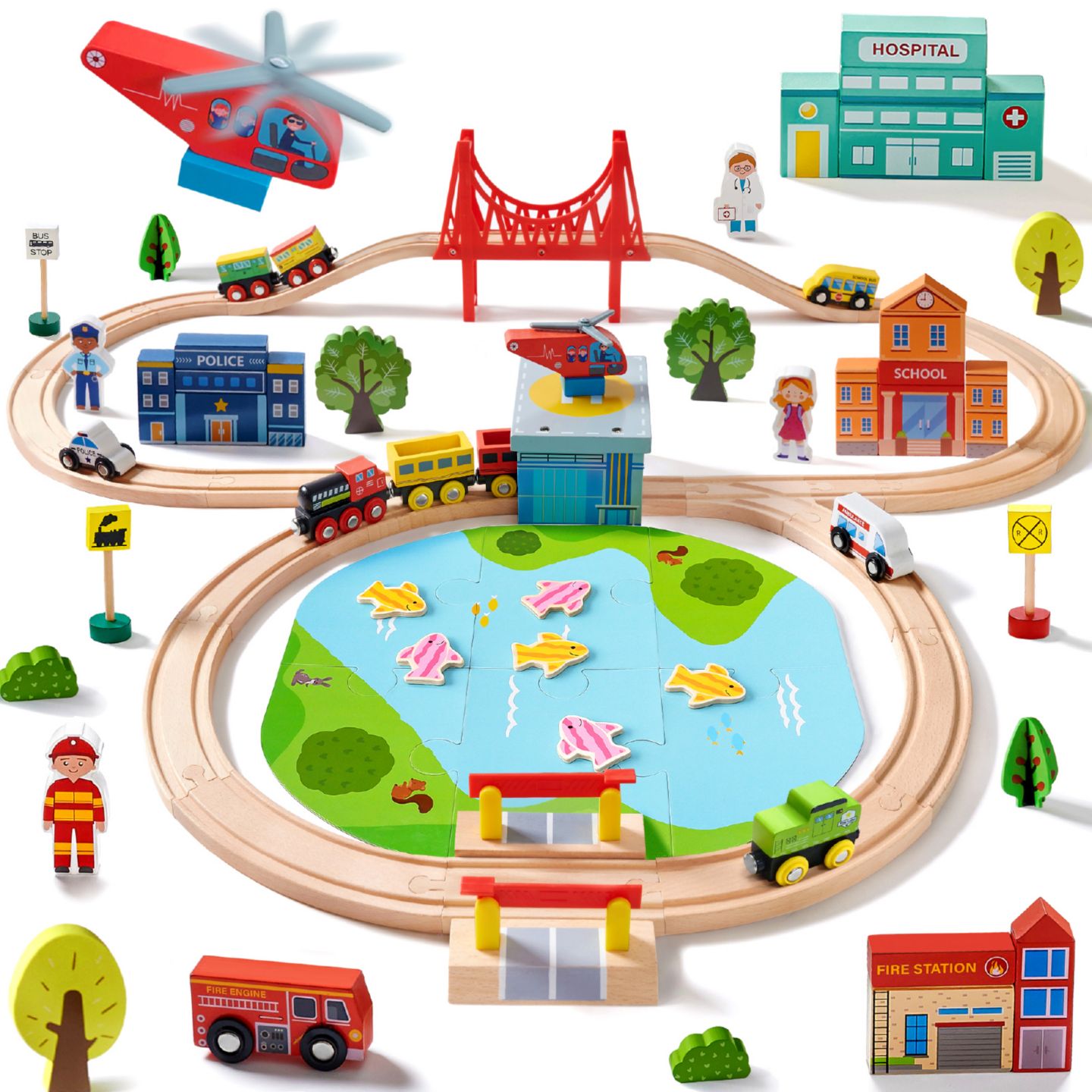 Детские игрушки Tiny Land 110-Piece Beech Wood Wooden Train Set — фото 1