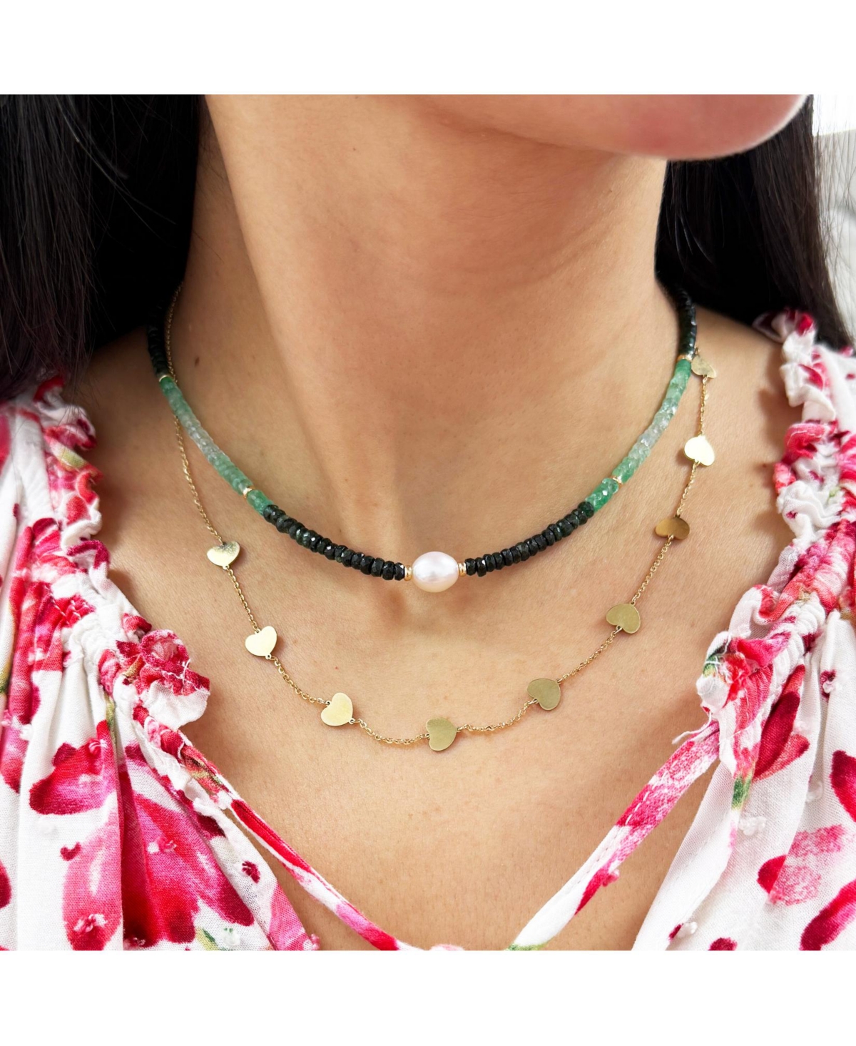 The Lovery Emerald Ombre Bead Pearl Necklace 14K Yellow Gold