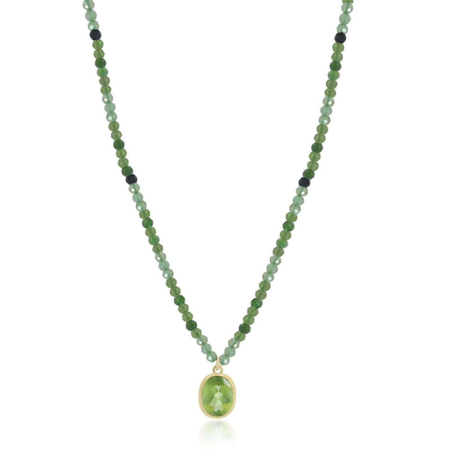 Green Tourmaline Bead Bezel Necklace 14K Yellow Gold